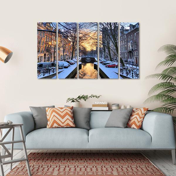 Winter View On The City Canals Of Amsterdam Canvas Wall Art-5 Horizontal-Gallery Wrap-22" x 12"-Tiaracle