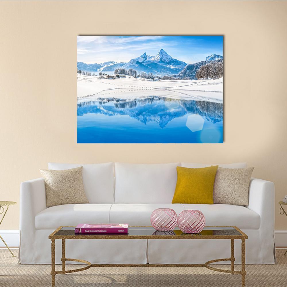 Winter Wonderland & Lake In Alps Canvas Wall Art-1 Piece-Gallery Wrap-48" x 32"-Tiaracle