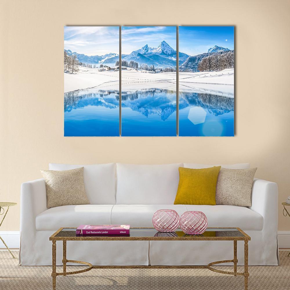 Winter Wonderland & Lake In Alps Canvas Wall Art-3 Horizontal-Gallery Wrap-37" x 24"-Tiaracle
