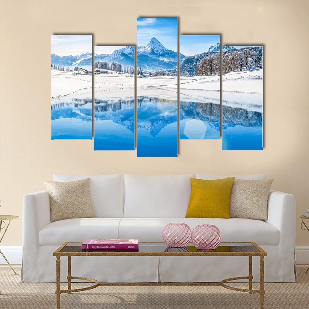Winter Wonderland & Lake In Alps Canvas Wall Art-5 Pop-Gallery Wrap-47" x 32"-Tiaracle