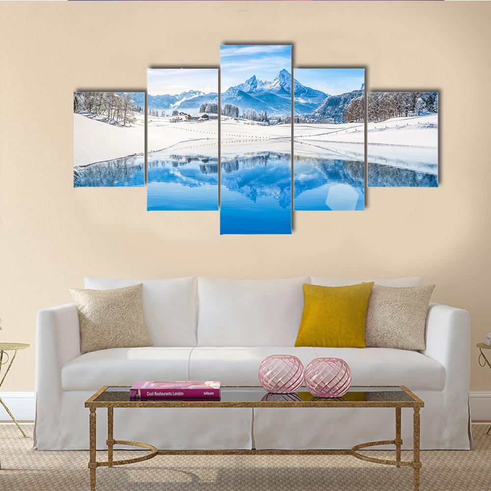 Winter Wonderland & Lake In Alps Canvas Wall Art-5 Star-Gallery Wrap-62" x 32"-Tiaracle