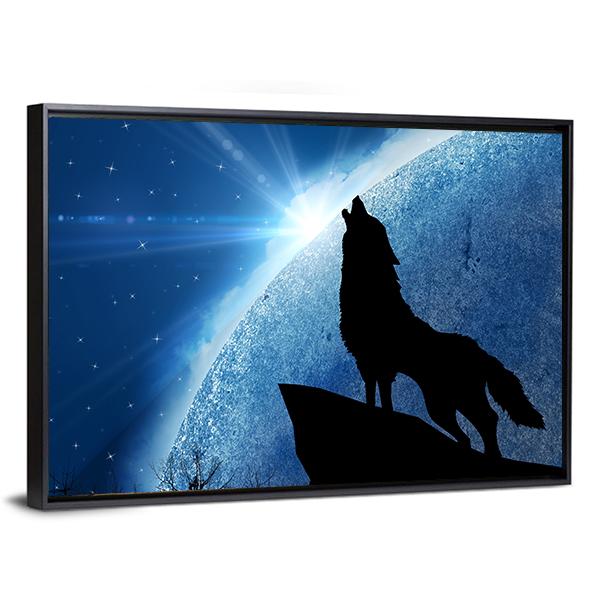 Wolf Howling At Night Canvas Wall Art-3 Horizontal-Gallery Wrap-25" x 16"-Tiaracle