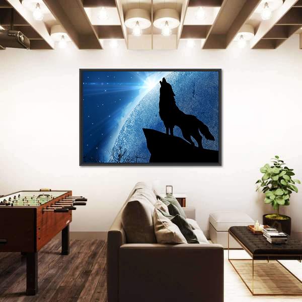 Wolf Howling At Night Canvas Wall Art-3 Horizontal-Gallery Wrap-25" x 16"-Tiaracle