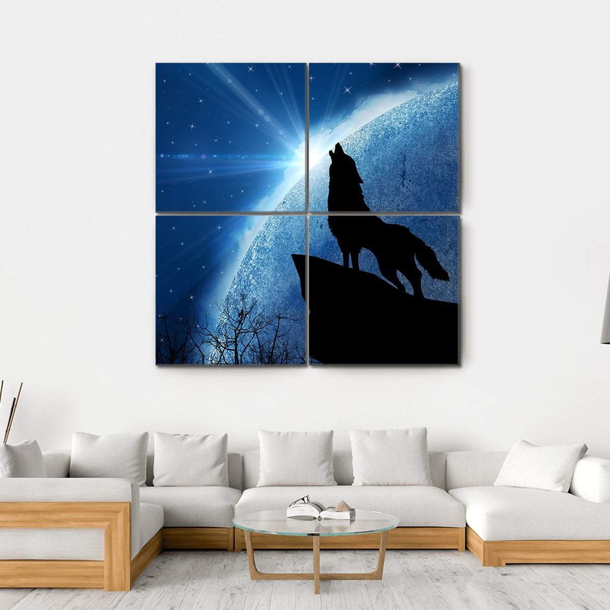 Wolf Howling At Night Canvas Wall Art-4 Square-Gallery Wrap-17" x 17"-Tiaracle