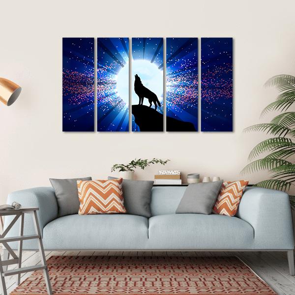 Wolf Howling At The Moon Canvas Wall Art-5 Horizontal-Gallery Wrap-22" x 12"-Tiaracle