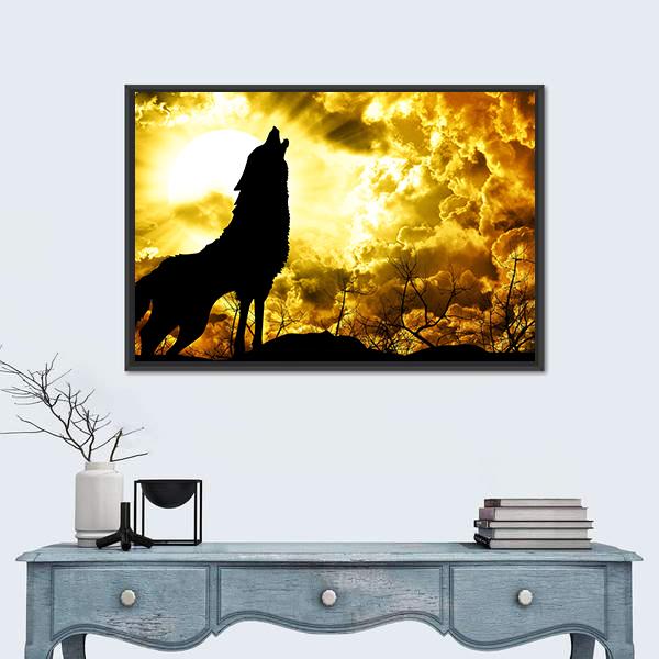 Wolf Howling At The Sunset Canvas Wall Art-1 Piece-Floating Frame-24" x 16"-Tiaracle