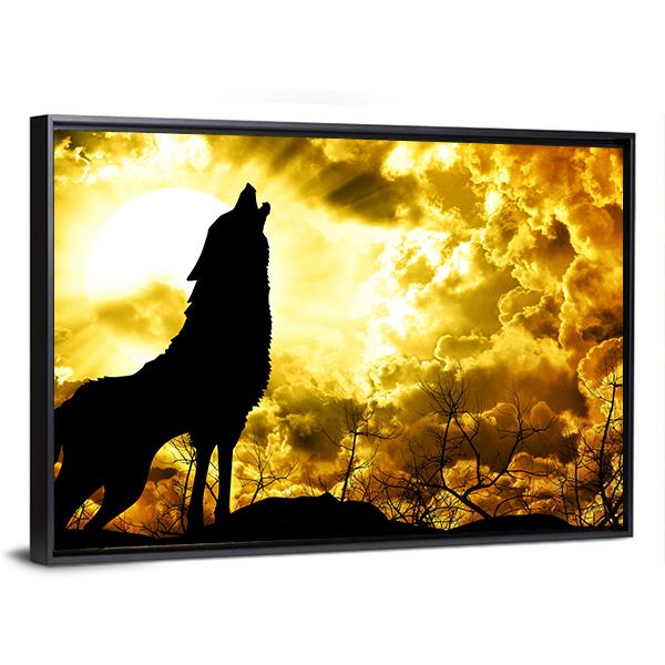 Wolf Howling At The Sunset Canvas Wall Art-3 Horizontal-Gallery Wrap-25" x 16"-Tiaracle