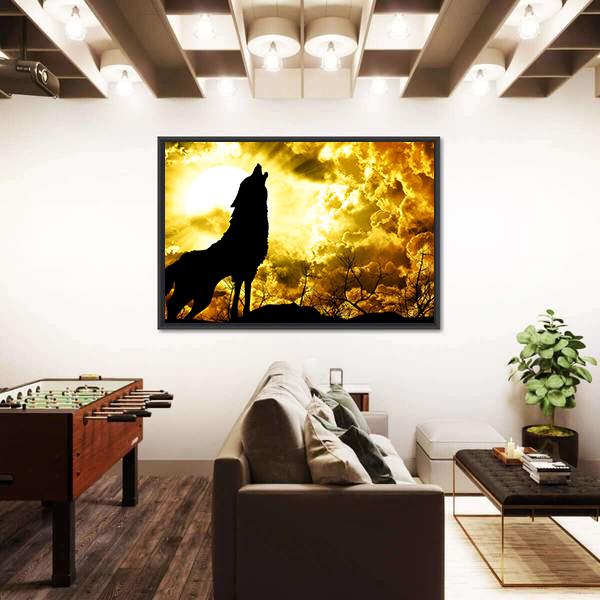 Wolf Howling At The Sunset Canvas Wall Art-3 Horizontal-Gallery Wrap-25" x 16"-Tiaracle