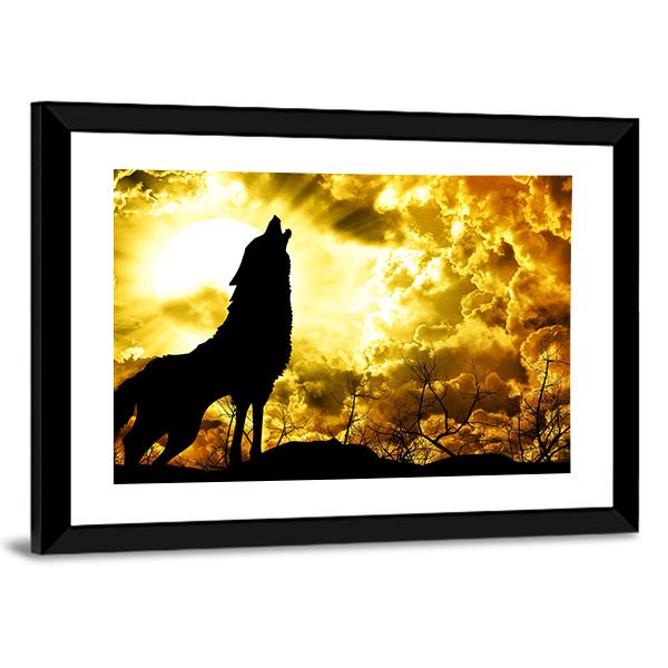 Wolf Howling At The Sunset Canvas Wall Art-3 Horizontal-Gallery Wrap-25" x 16"-Tiaracle