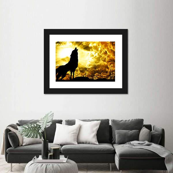 Wolf Howling At The Sunset Canvas Wall Art-3 Horizontal-Gallery Wrap-25" x 16"-Tiaracle