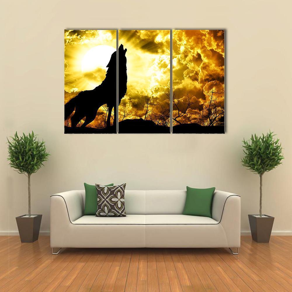 Wolf Howling At The Sunset Canvas Wall Art-3 Horizontal-Gallery Wrap-37" x 24"-Tiaracle