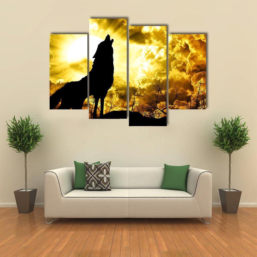 Wolf Howling At The Sunset Canvas Wall Art-4 Pop-Gallery Wrap-50" x 32"-Tiaracle