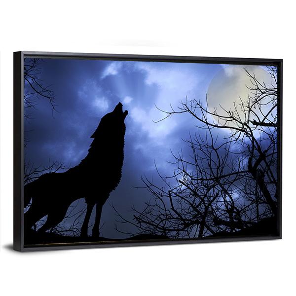 Wolf Howling In Dark Canvas Wall Art-3 Horizontal-Gallery Wrap-25" x 16"-Tiaracle