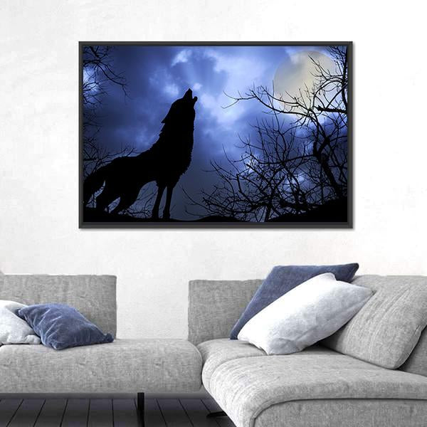 Wolf Howling In Dark Canvas Wall Art-3 Horizontal-Gallery Wrap-25" x 16"-Tiaracle