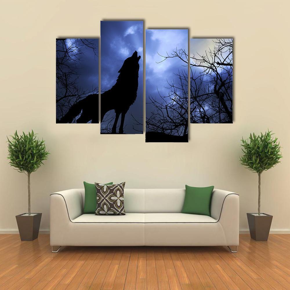 Wolf Howling In Dark Canvas Wall Art-4 Pop-Gallery Wrap-50" x 32"-Tiaracle
