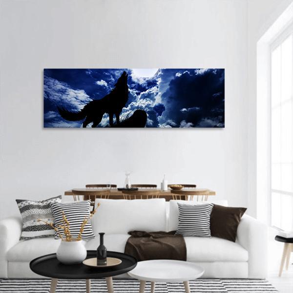Wolf Howling Under Moon Panoramic Canvas Wall Art-1 Piece-36" x 12"-Tiaracle