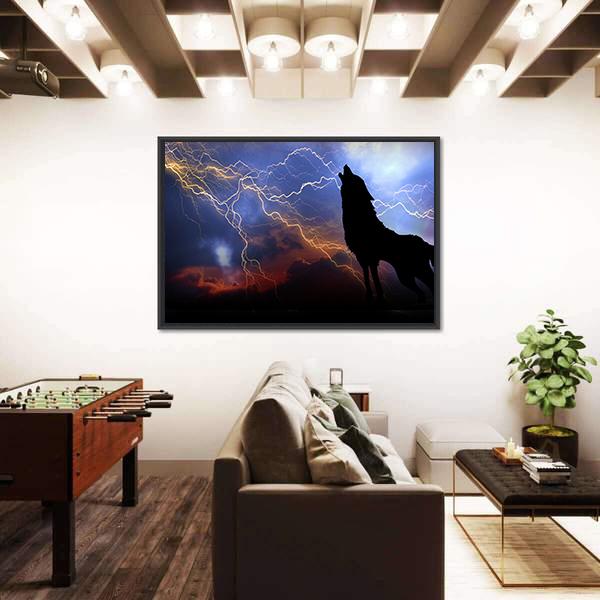 Wolf Howling In Thunder Canvas Wall Art-5 Horizontal-Gallery Wrap-22" x 12"-Tiaracle