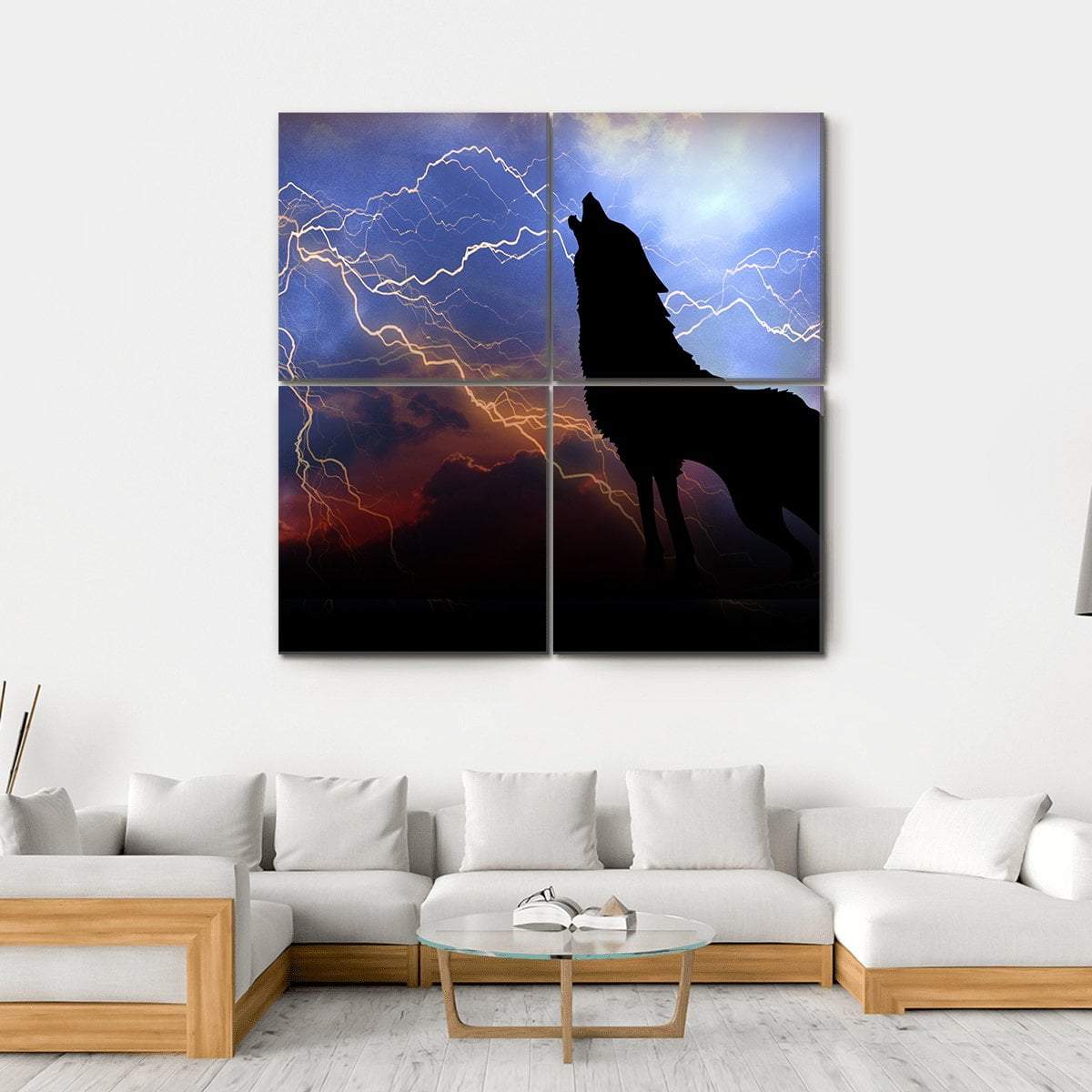 Wolf Howling In Thunder Canvas Wall Art-4 Square-Gallery Wrap-17" x 17"-Tiaracle