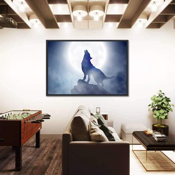 Wolf Howling On Moon Night Canvas Wall Art-5 Horizontal-Gallery Wrap-22" x 12"-Tiaracle