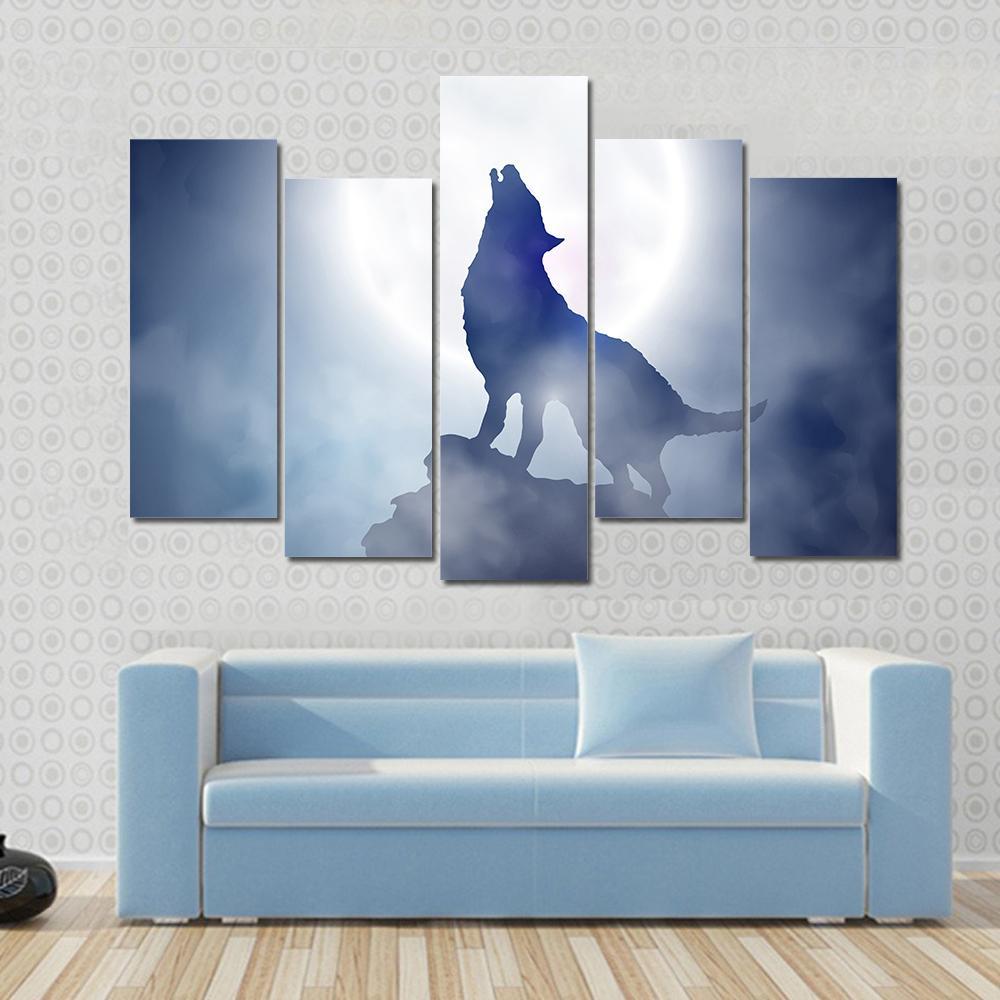 Wolf Howling On Moon Night Canvas Wall Art-5 Pop-Gallery Wrap-47" x 32"-Tiaracle