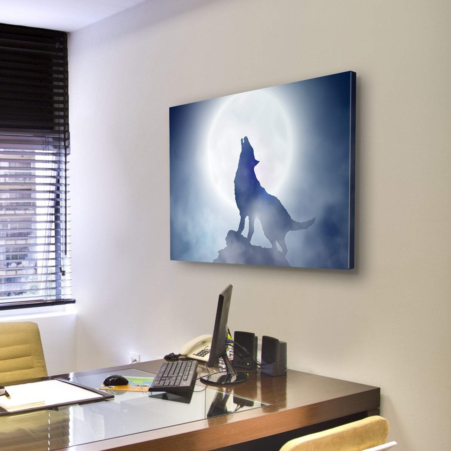 Wolf Howling On Moon Night Canvas Wall Art-3 Horizontal-Gallery Wrap-25" x 16"-Tiaracle