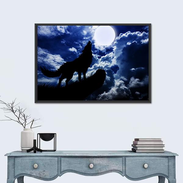 Wolf Howling Under Moon Canvas Wall Art-1 Piece-Floating Frame-24" x 16"-Tiaracle
