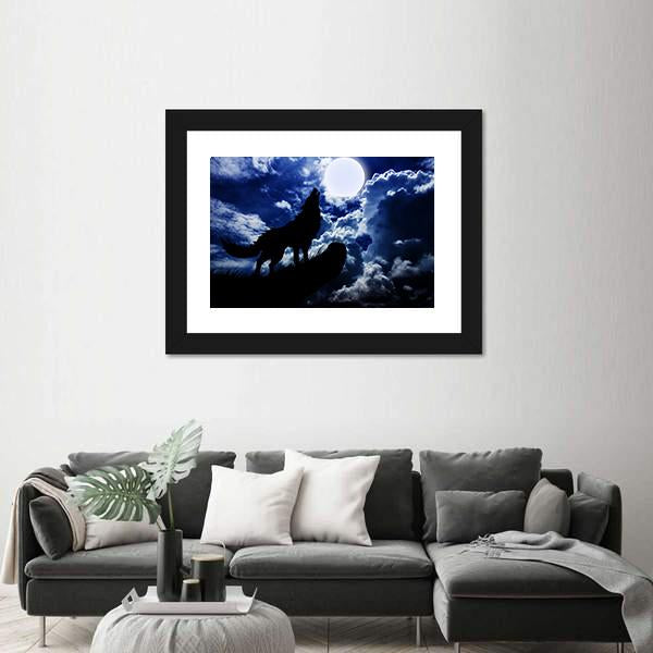Wolf Howling Under Moon Canvas Wall Art-3 Horizontal-Gallery Wrap-25" x 16"-Tiaracle