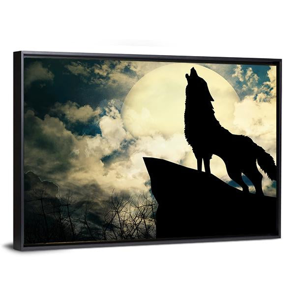 Wolf In Silhouette Howling To The Full Moon Canvas Wall Art-3 Horizontal-Gallery Wrap-25" x 16"-Tiaracle