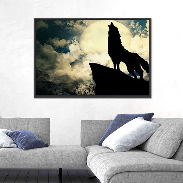 Wolf In Silhouette Howling To The Full Moon Canvas Wall Art-1 Piece-Floating Frame-24" x 16"-Tiaracle