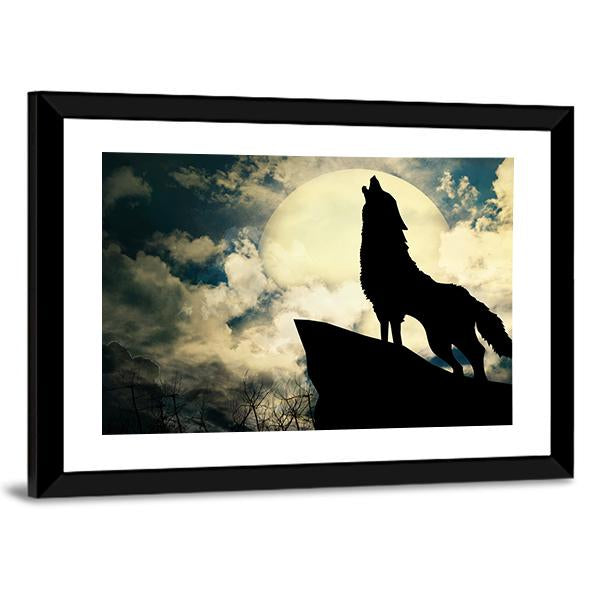 Wolf In Silhouette Howling To The Full Moon Canvas Wall Art-5 Horizontal-Gallery Wrap-22" x 12"-Tiaracle
