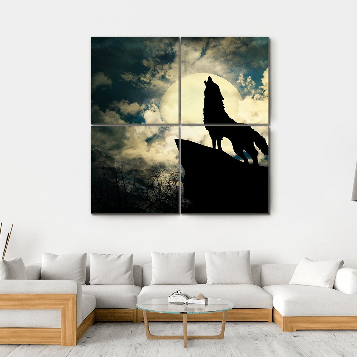 Wolf In Silhouette Howling To The Full Moon Canvas Wall Art-4 Square-Gallery Wrap-17" x 17"-Tiaracle