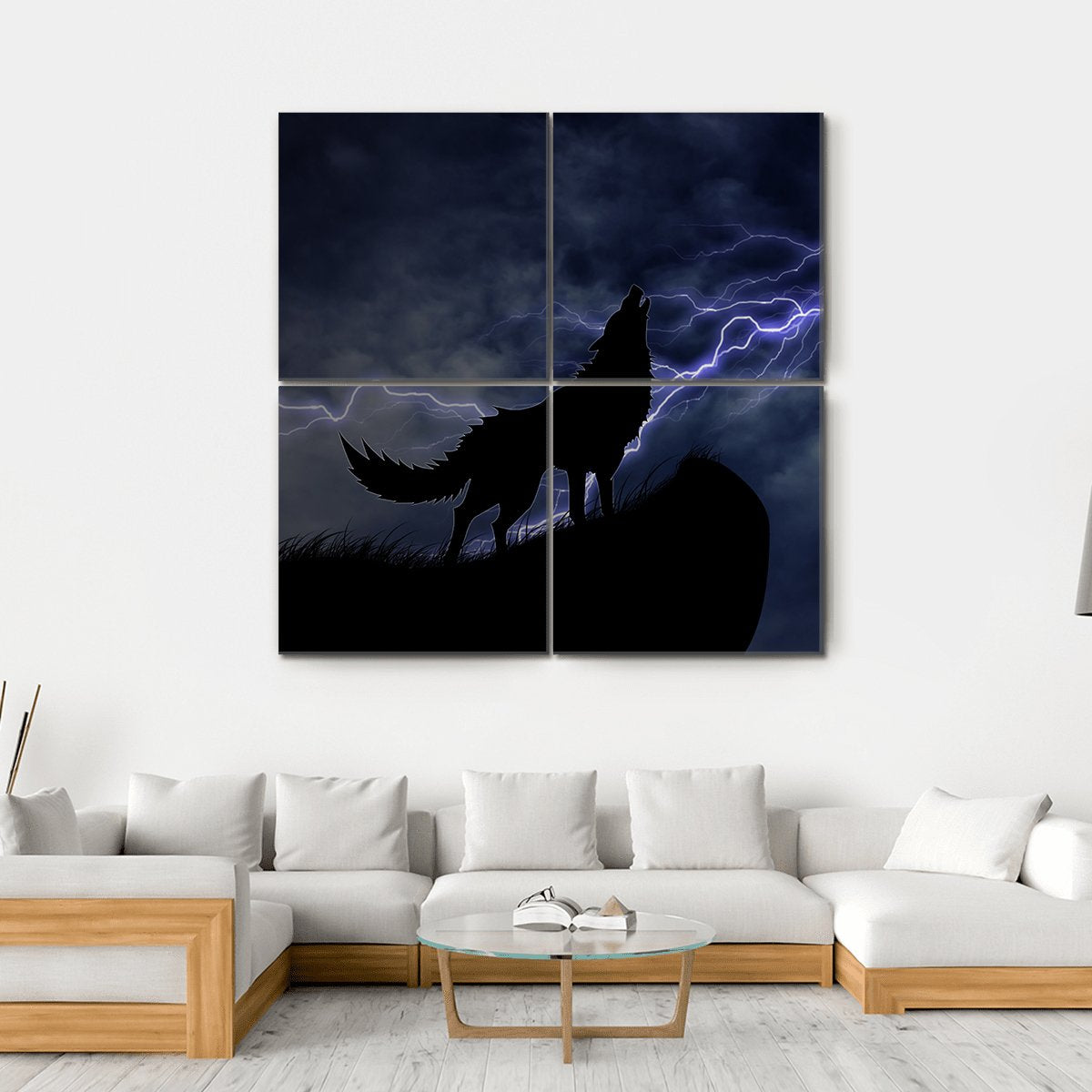 Wolf In Silhouette To Thunderstorm Canvas Wall Art-4 Square-Gallery Wrap-17" x 17"-Tiaracle