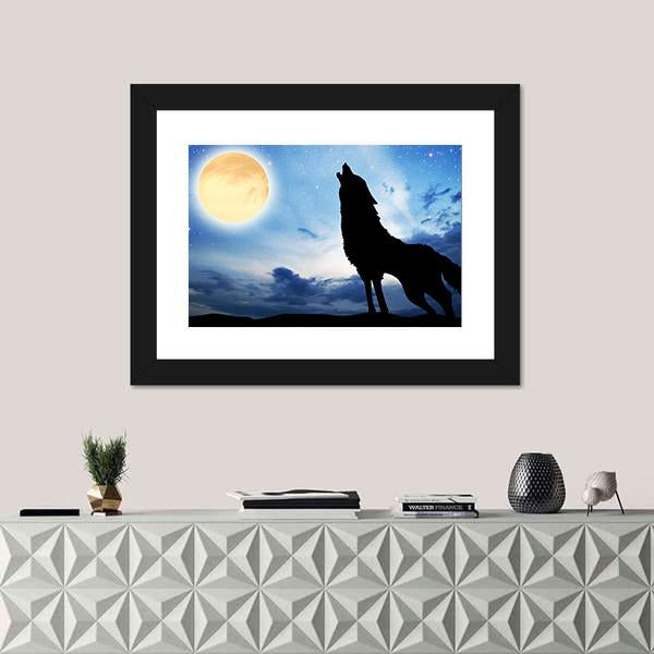 Wolf Silhouette Infront Of Moon Canvas Wall Art-1 Piece-Framed Print-20" x 16"-Tiaracle