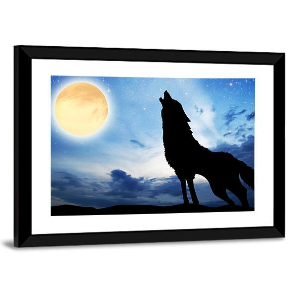 Wolf Silhouette Infront Of Moon Canvas Wall Art-5 Horizontal-Gallery Wrap-22" x 12"-Tiaracle