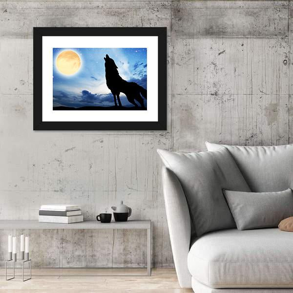 Wolf Silhouette Infront Of Moon Canvas Wall Art-5 Horizontal-Gallery Wrap-22" x 12"-Tiaracle