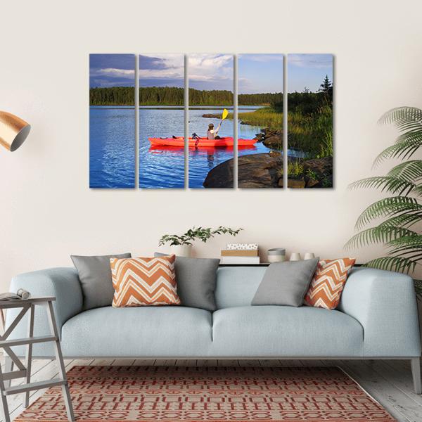 Woman Canoeing In A Beautiful Lake At Sunset Canvas Wall Art-5 Horizontal-Gallery Wrap-22" x 12"-Tiaracle