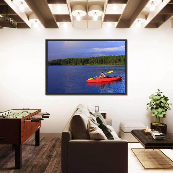 Woman Canoeing In A Beautiful Lake Canvas Wall Art-5 Horizontal-Gallery Wrap-22" x 12"-Tiaracle