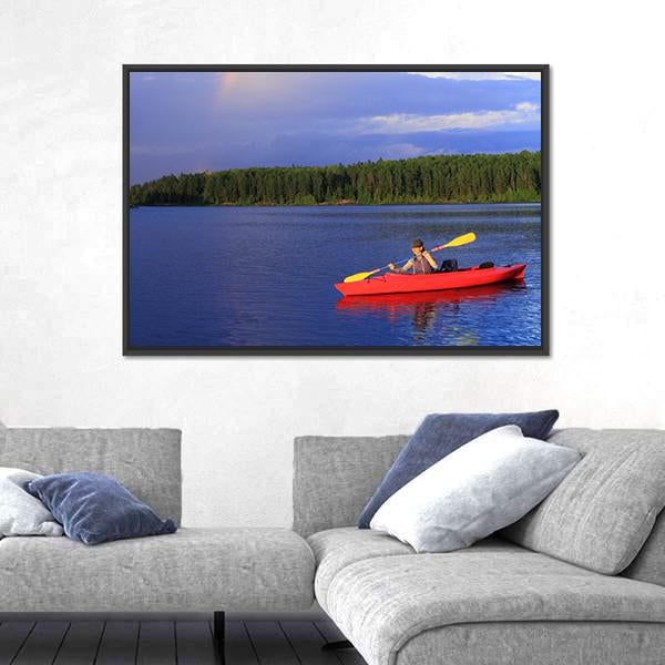 Woman Canoeing In A Beautiful Lake Canvas Wall Art-5 Horizontal-Gallery Wrap-22" x 12"-Tiaracle