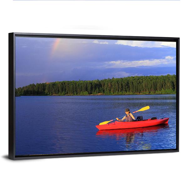 Woman Canoeing In A Beautiful Lake Canvas Wall Art-5 Horizontal-Gallery Wrap-22" x 12"-Tiaracle