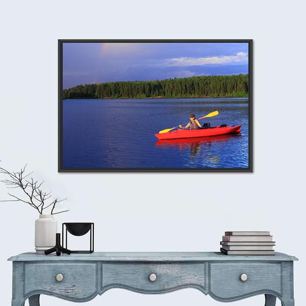 Woman Canoeing In A Lake Vertical Canvas Wall Art-3 Vertical-Gallery Wrap-12" x 25"-Tiaracle