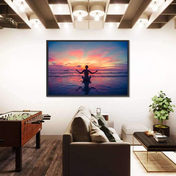 Woman Doing Meditation Near The Ocean Beach Yoga Silhouette Canvas Wall Art-5 Horizontal-Gallery Wrap-22" x 12"-Tiaracle