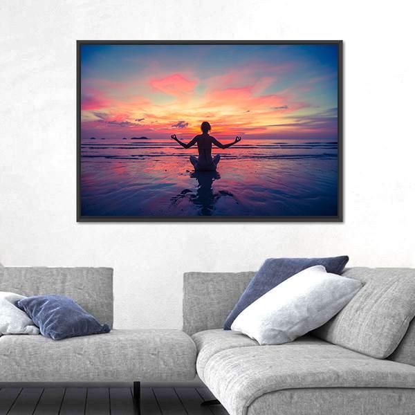 Woman Doing Meditation Near The Ocean Beach Yoga Silhouette Canvas Wall Art-5 Horizontal-Gallery Wrap-22" x 12"-Tiaracle
