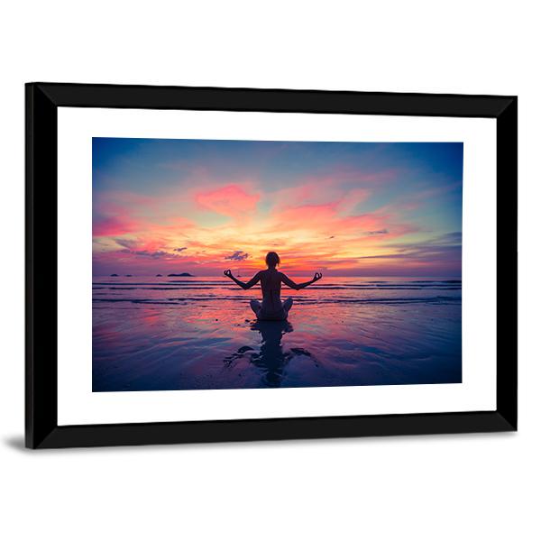 Woman Doing Meditation Near The Ocean Beach Yoga Silhouette Canvas Wall Art-5 Horizontal-Gallery Wrap-22" x 12"-Tiaracle