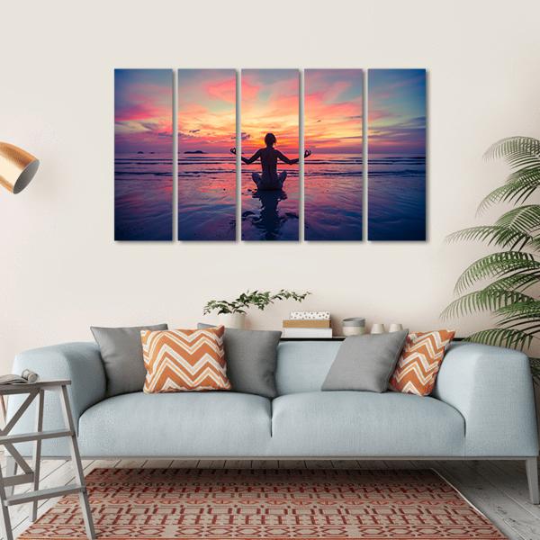 Woman Doing Meditation Near The Ocean Beach Yoga Silhouette Canvas Wall Art-5 Horizontal-Gallery Wrap-22" x 12"-Tiaracle