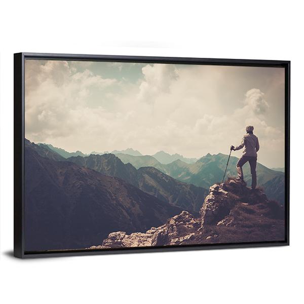 Woman Hiker On A Top Of Mountain Canvas Wall Art-3 Horizontal-Gallery Wrap-25" x 16"-Tiaracle