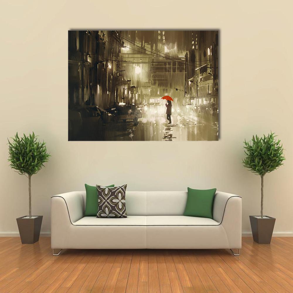 Woman In Rainy Night Illustration Canvas Wall Art-1 Piece-Gallery Wrap-24" x 16"-Tiaracle