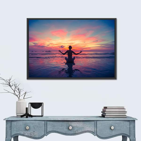 Woman Meditation On The Beach Panoramic Canvas Wall Art-1 Piece-36" x 12"-Tiaracle