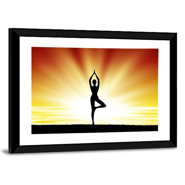 Woman Practice Yoga At Beach During Sunset Canvas Wall Art-5 Horizontal-Gallery Wrap-22" x 12"-Tiaracle