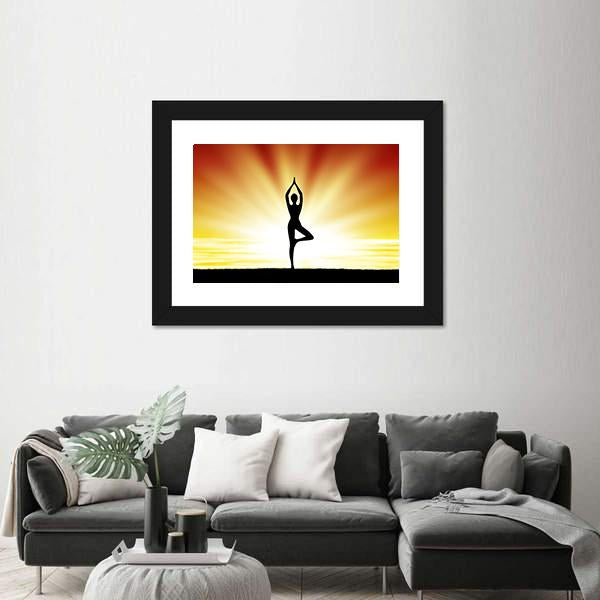 Woman Practice Yoga At Beach During Sunset Canvas Wall Art-5 Horizontal-Gallery Wrap-22" x 12"-Tiaracle