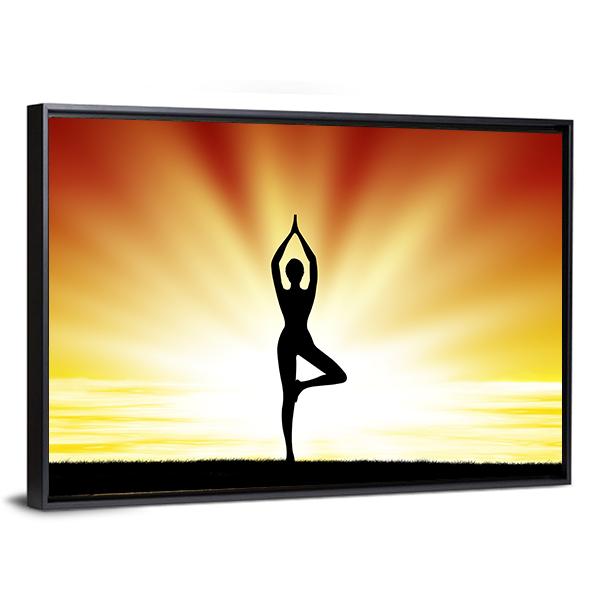 Woman Practice Yoga At Beach During Sunset Canvas Wall Art-5 Horizontal-Gallery Wrap-22" x 12"-Tiaracle